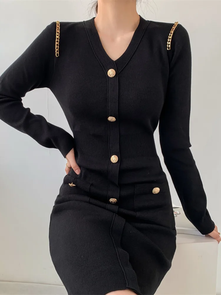 New Autumn Winter Women\'s Knitted Dress Korean Fashion Slim Sexy V-Neck Temperament Black Long Sleeved Sweater Mini Dress