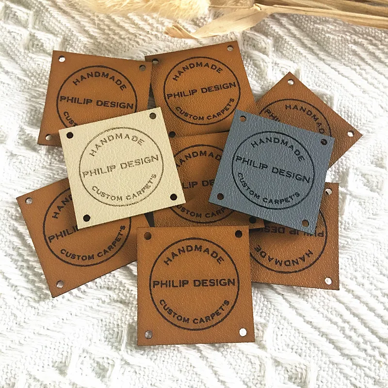 30pcs Custom Leather knitting Label with logo brand Sewing handmade tags for clothes hats Square crochet labels DIY Accessories