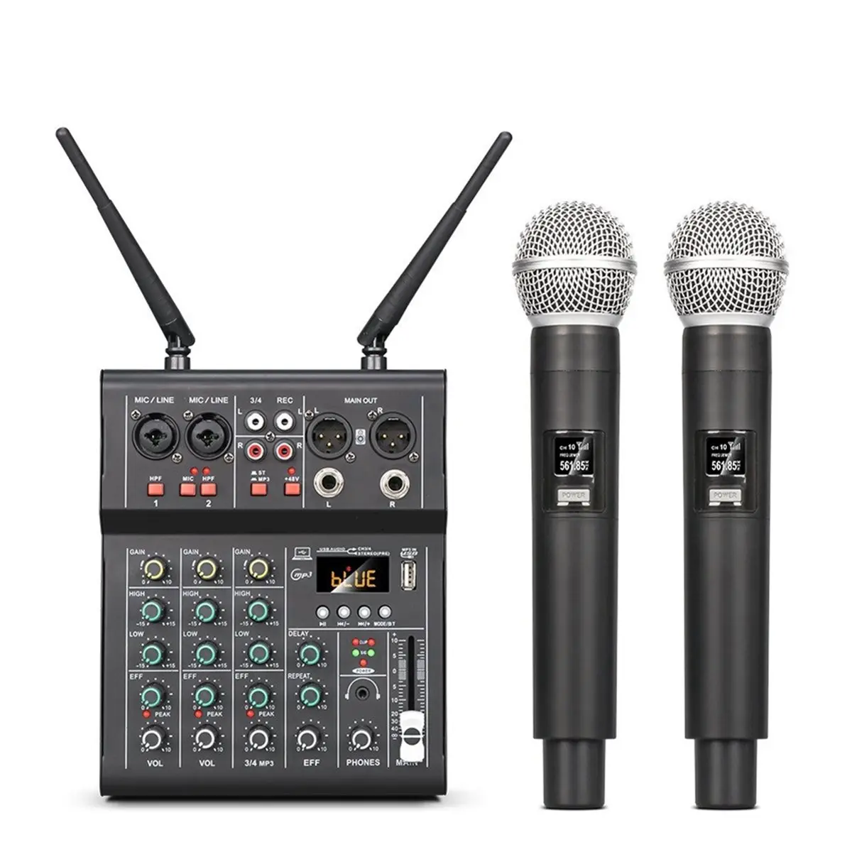 Summer sale- 4 Channel Sound Mixer with Dual UHF Wireless Microphone DJ Console Mixing for Karaoke Party PC Studio Recording