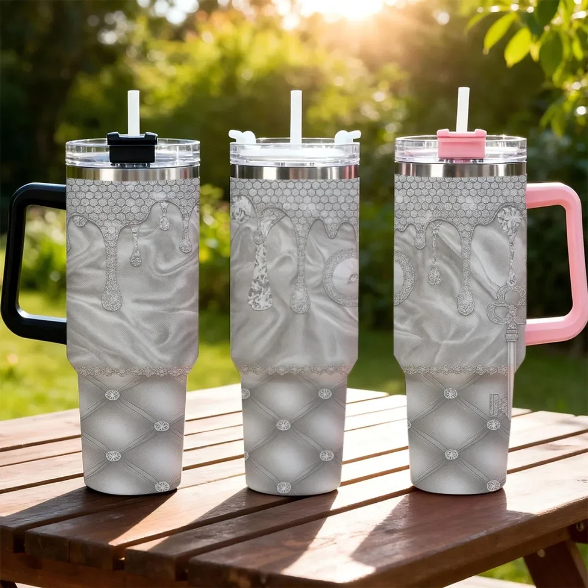 40oz Luxury Silver Rhinestone Drip Silk Lace Quilted Print Insulated Stainless Steel Travel Tumbler With Handle Large Thermal Cup Elegant Gift For Women