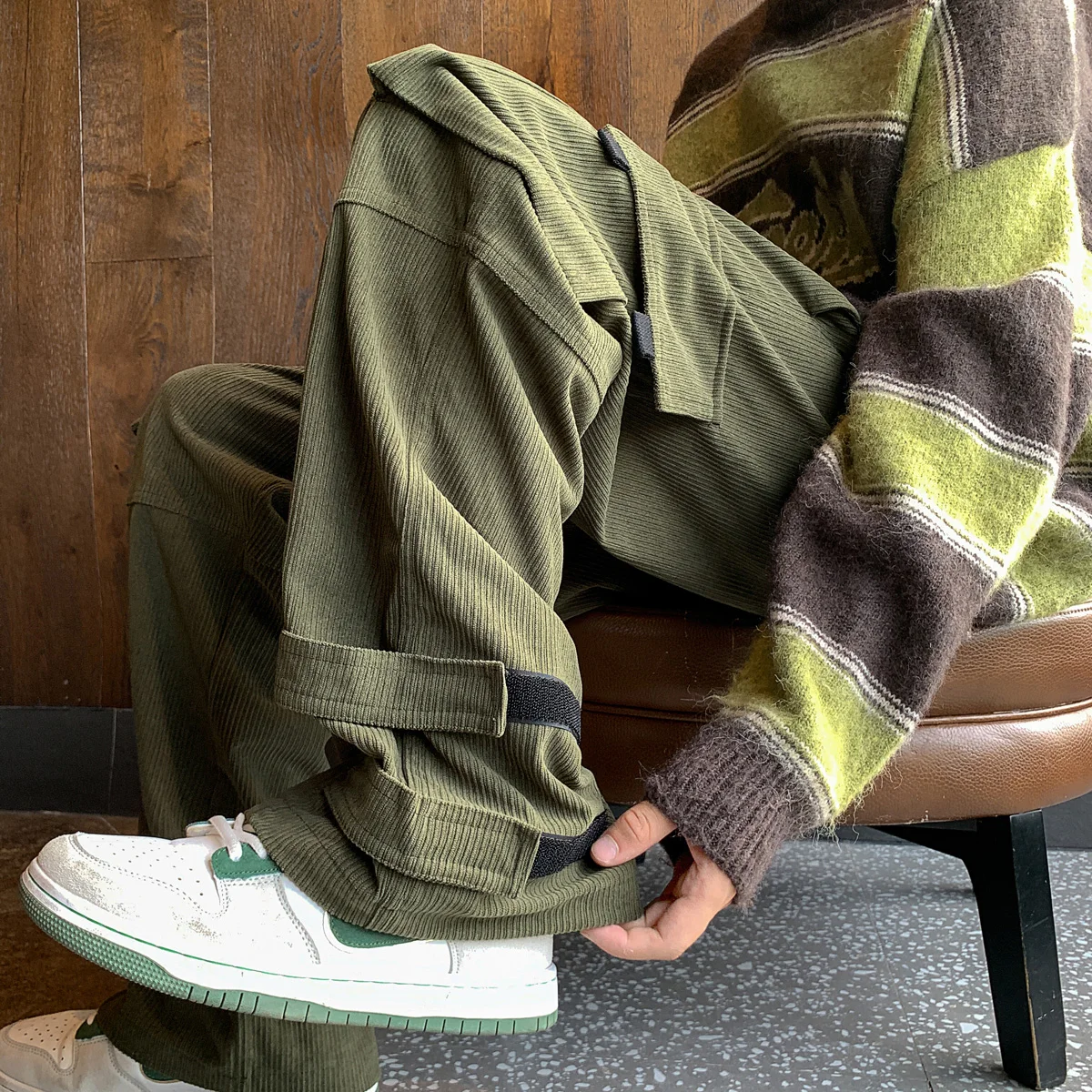 

Vintage American Sle Corduroy Pants for Men with Magic Tape Military een Workwear Trousers Autumn Casual Loose Fit