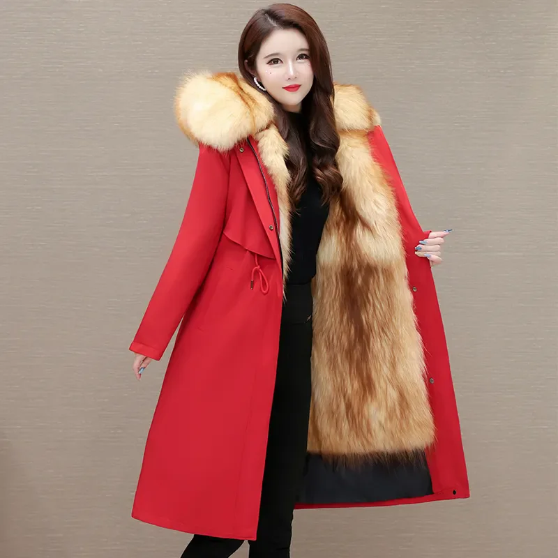 시크 파크수트 여성용 오버코트 탈부착 가능한 퍼 원피스 플리스 안감 두꺼운 따뜻한 파크코트 겨울 신상 인조 여우털 롱코트