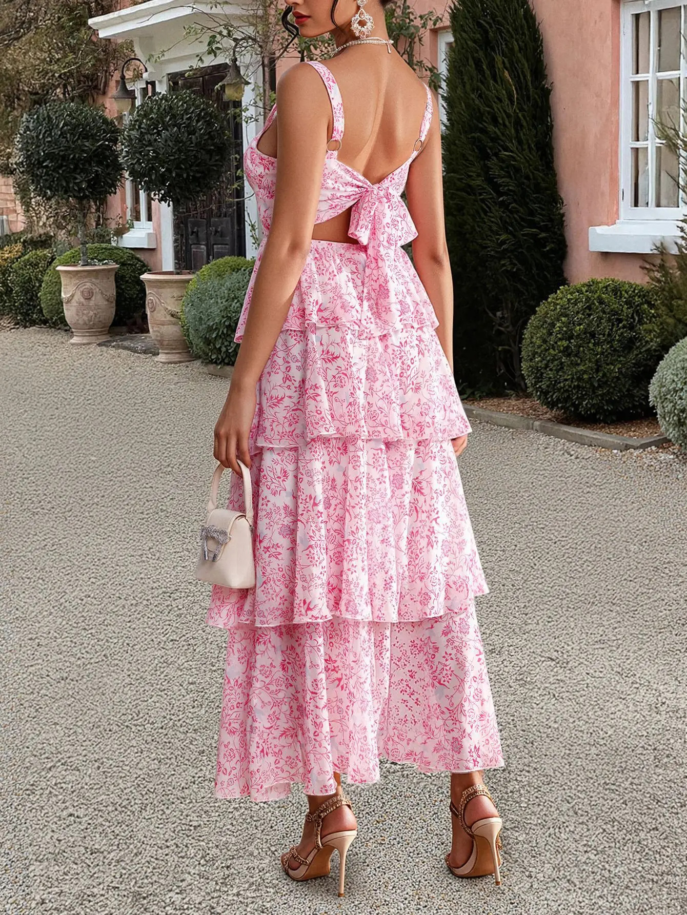 Feminino elegante floral suspender bolo vestido temperamento viajando roupas femininas verão moda feminina cintura alta vestidos de linha a