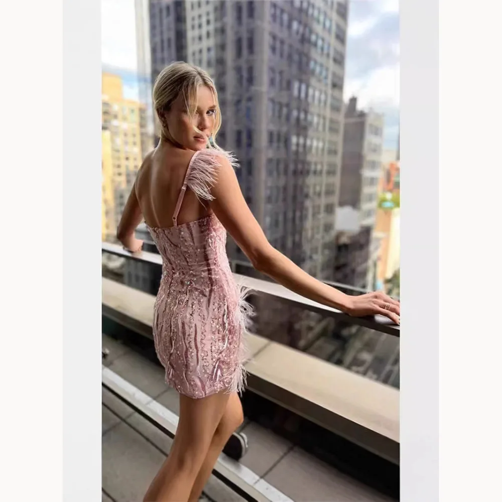 Fashion Women Dresses Ostrich Feather Sexy Deep V-neck Cropped Gowns High-quality Sleeveless Mini Evening Party Dresses