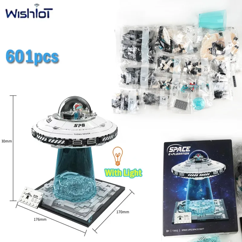 Bloques de construcción MOC con luz nocturna, nave espacial OVNI espacial, nave espacial creativa, decoración de habitación alienígena, modelo MOC, ladrillos, juguetes, regalos, 601 Uds.