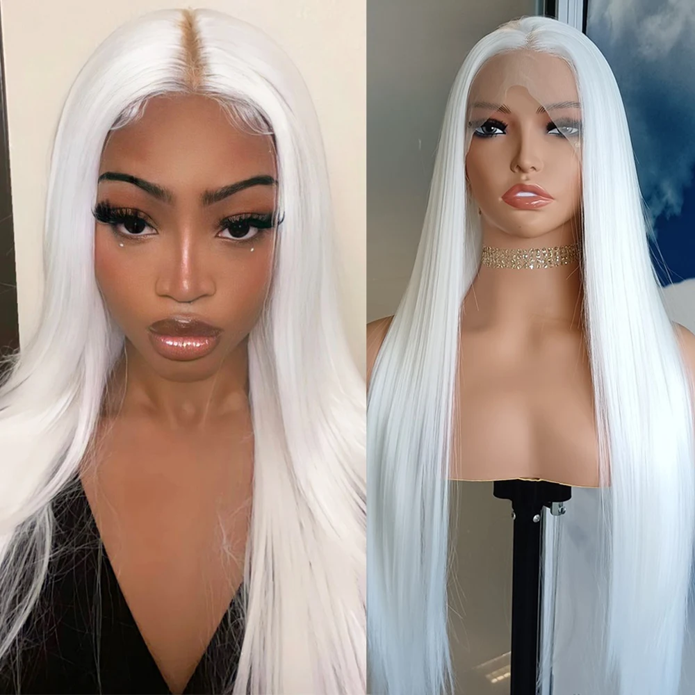 

Белый парик, прямые синтетические кружевные фронтальные парики для женщин, готовые к ношению длинный белый парик, косплей, белоснежные цветные парики для женщин