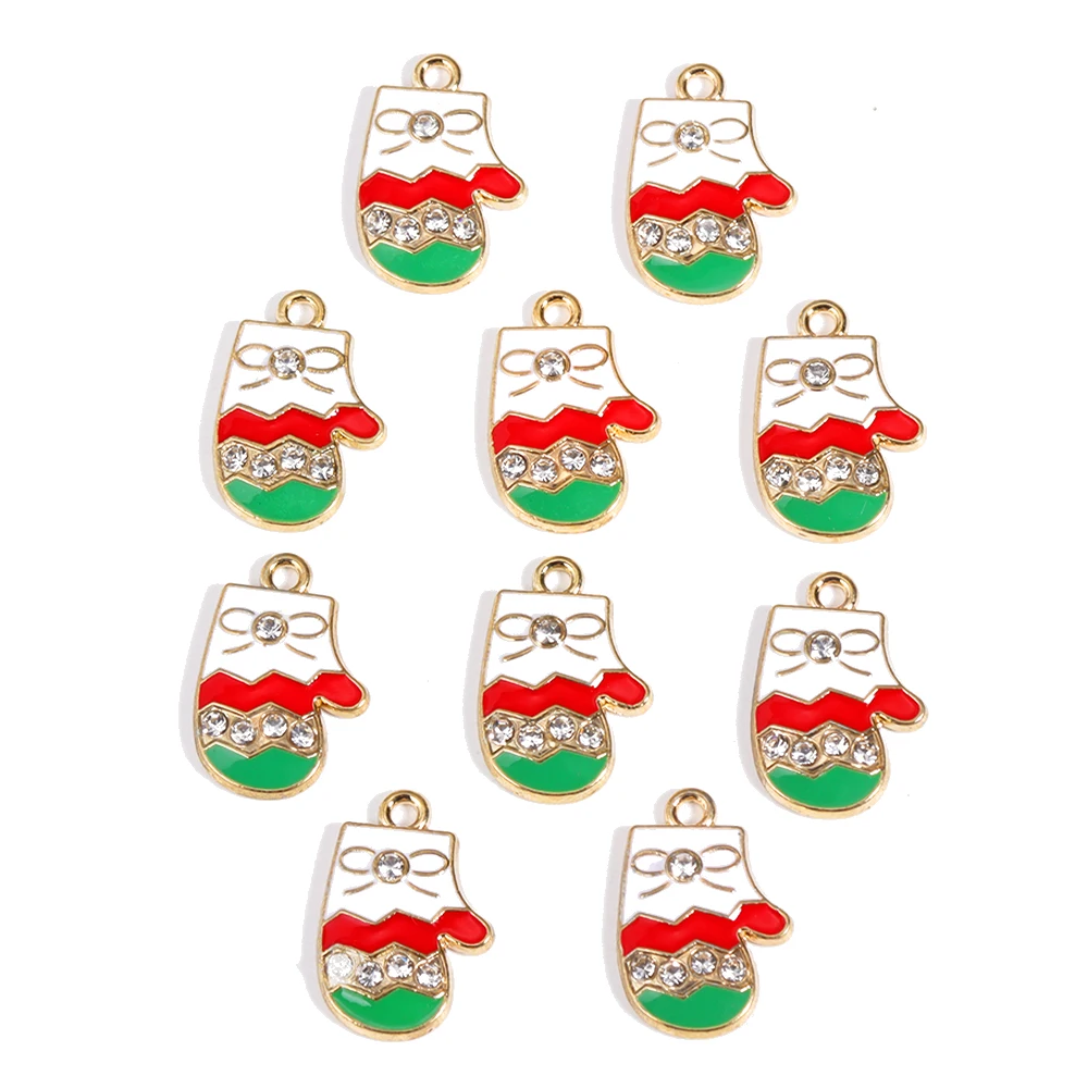 15Pcs Mixed Christmas Hat and Mitten Enamel Charms Gold Plated Metal Pendants with Sparkling Rhinestones for DIY Jewelry Craft