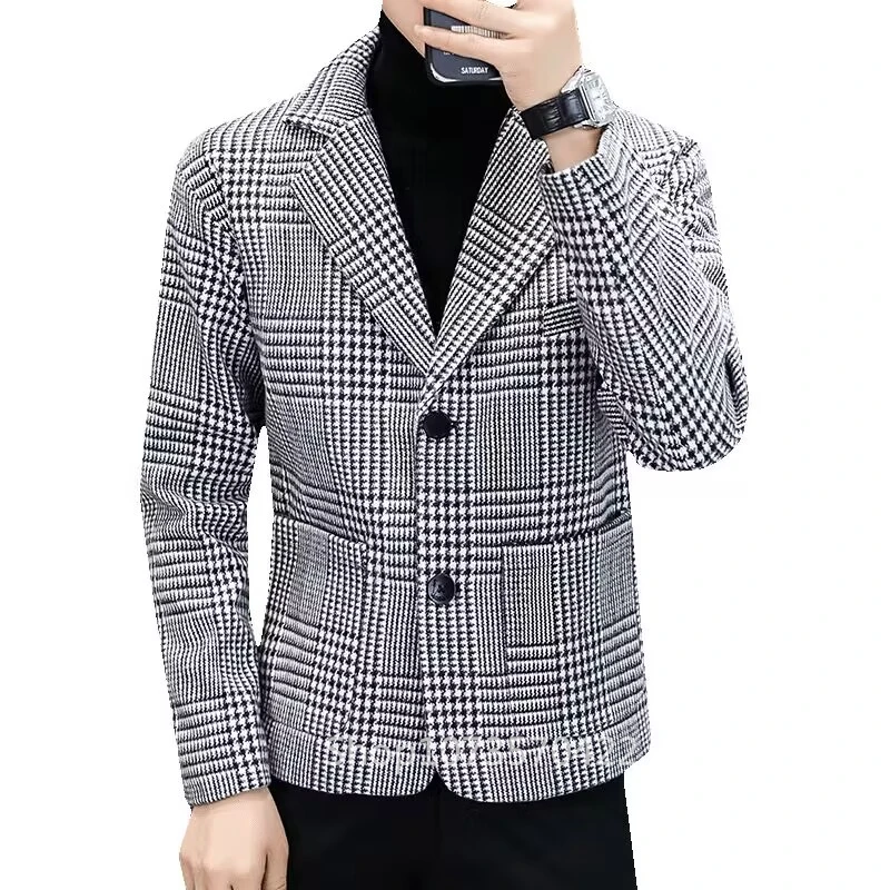 

Fashion Men Woolen Coat New Houndstooth Jacket Casual Notch Lapel Singel-breasted Coat Woolen Coat Men Long Sleeve Cardigan Tops