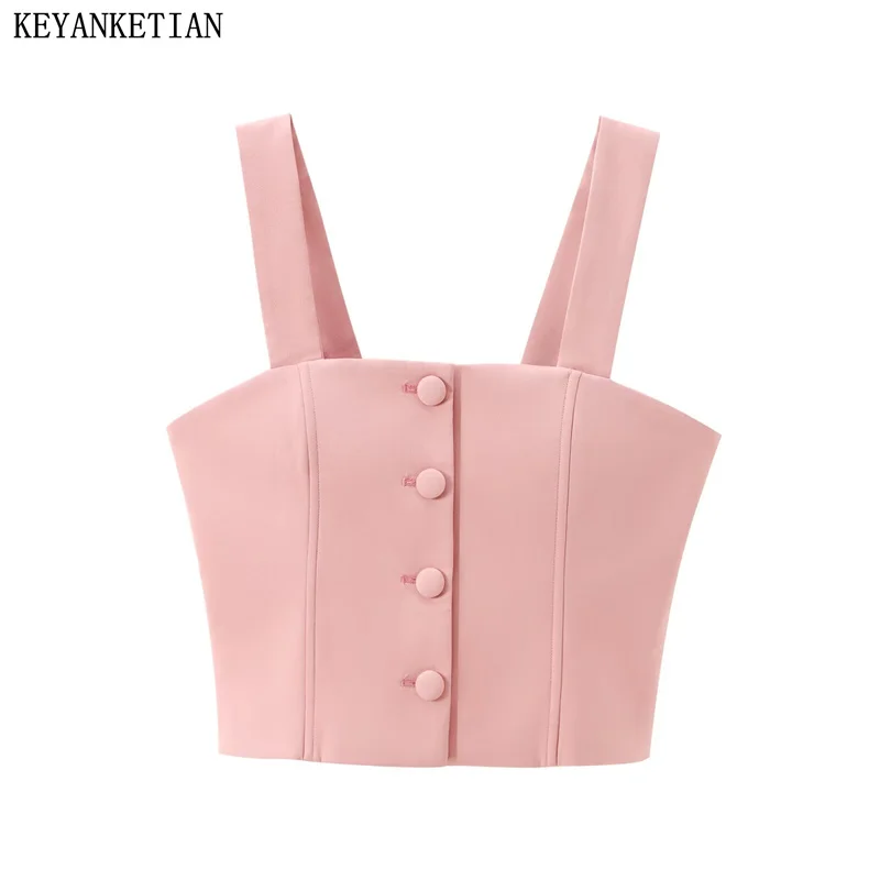 KEYANKETIAN 2024 New Launch Women's Pink Sleeveless Short Top Summer Single Breasted Slim Seam Detail Camisole Female Corset