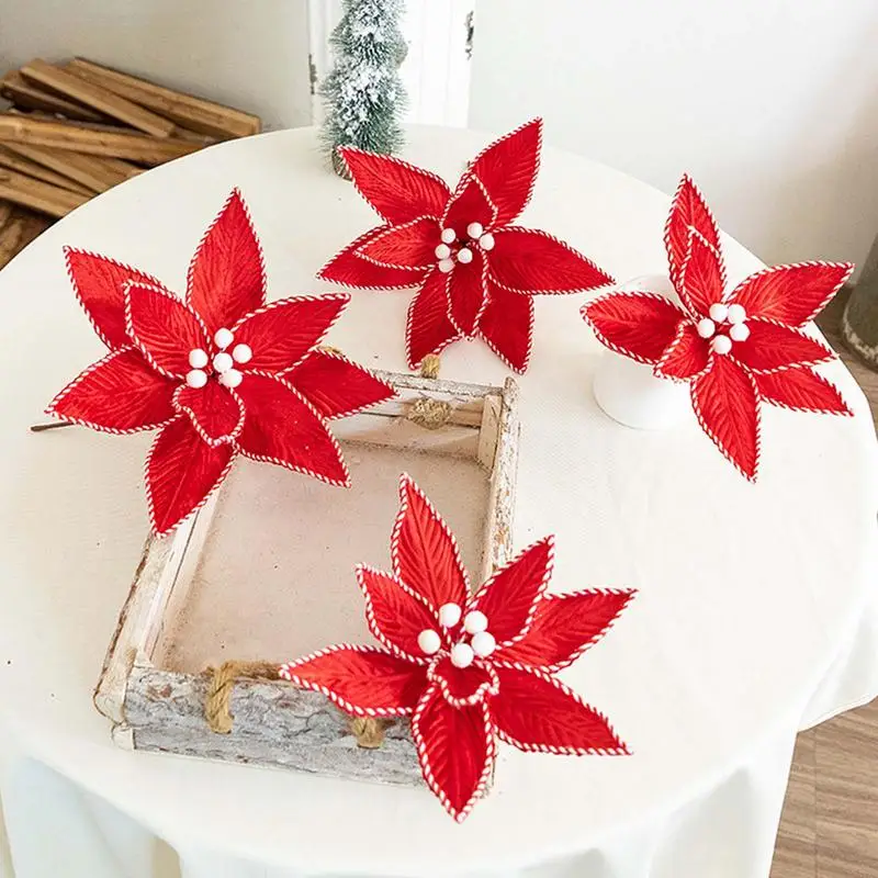 Red Fake Christmas Flowers Red Simulation Flannelette Flowers Decor Realistic Appearance Floral Arrangement For Wreaths Weddings