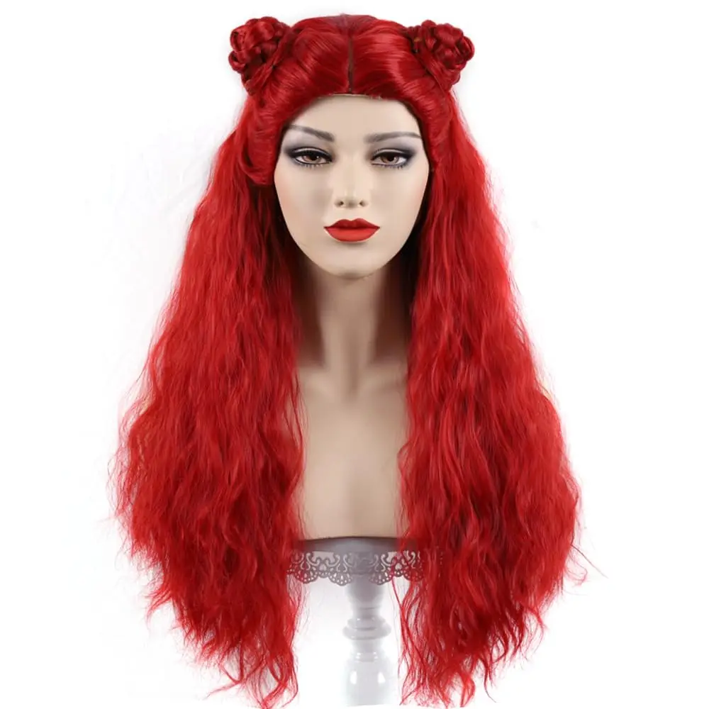 Idea for Movie Anime Cos, Perruque Bouclée Rouge Longue avec Buns Tressés pour Femmes, Bol et Enfants, Convient à Tous, Résistant à la Chaleur à la Réutilisation