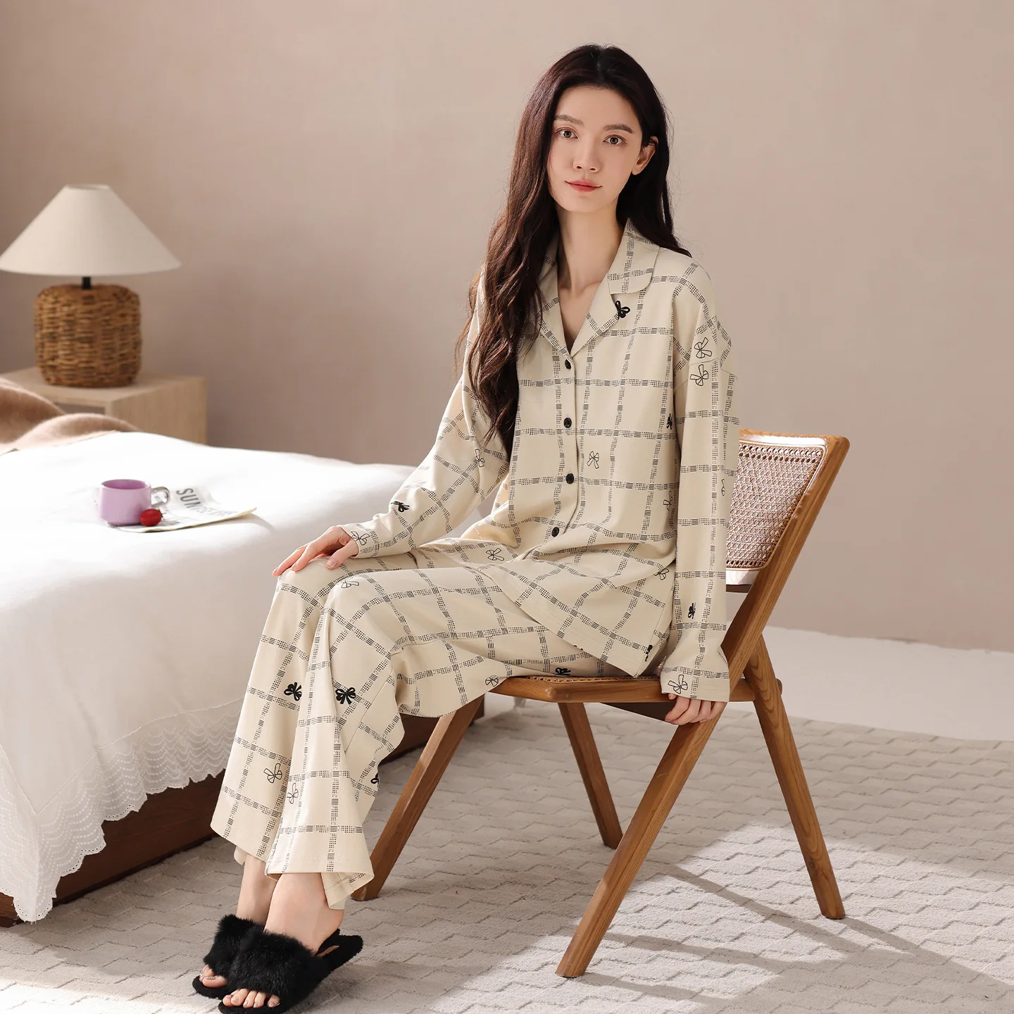 

Женский комплект домашней одежды из чистого хлопка с длинным рукавом для сна, весенне-осенний стиль, большие размеры, удобный, мягкий, тканевый, ночная рубашка