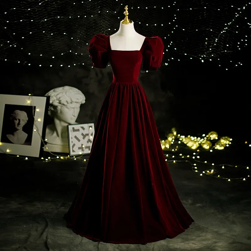 

Customized Evening Dress Wine Red Velvet Square Collar Puffy Sleeves Floor-Length A-Line Plus size Woman Party Formal Gown B1529