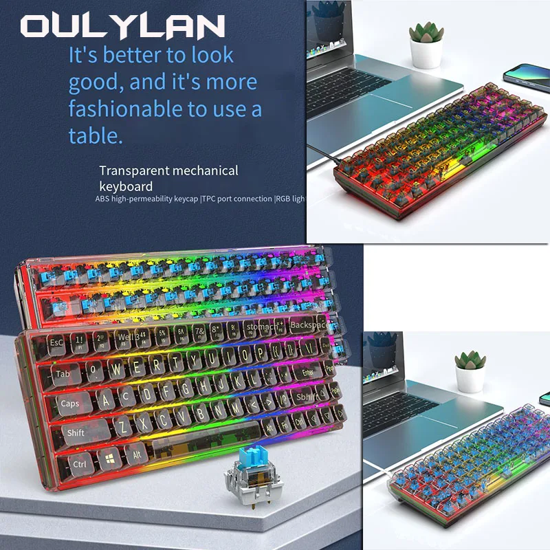 

K60 Mechanical Keyboard Transparent Keycap Rainbow RGB LED Light Backlit Game Keyboard Type-C Wired 68 Key Keyboards