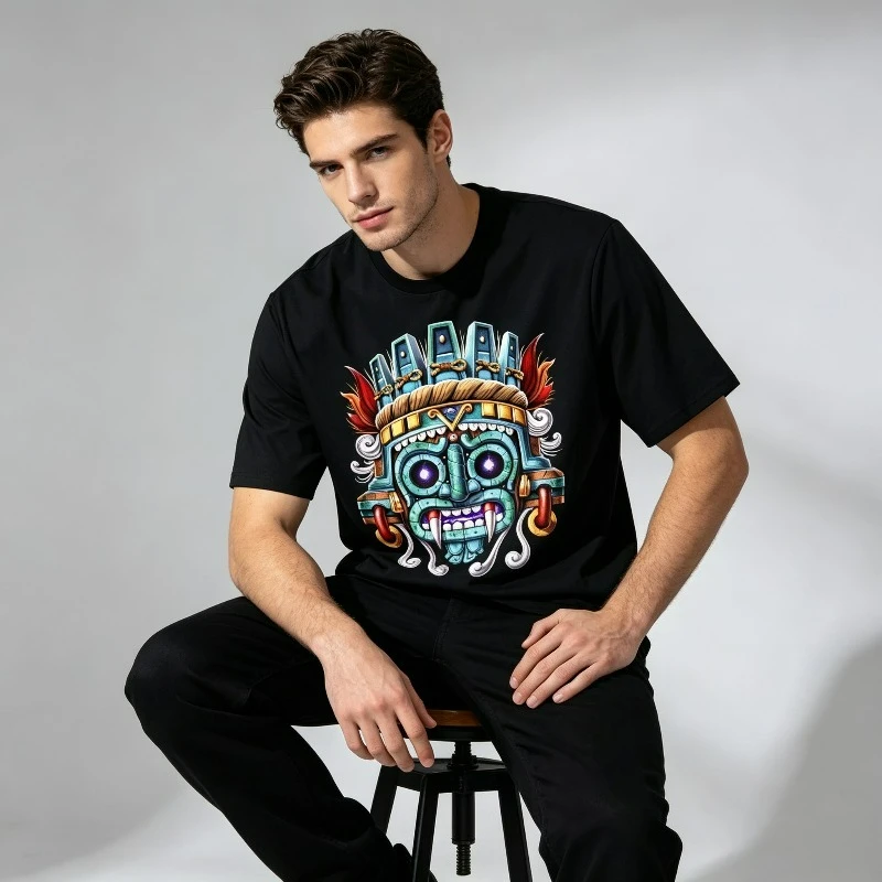 Tribal Mask Print Men T Shirt Summer Casual Simple Versatile Loose Short Sleeve Black White Streetwear Tee