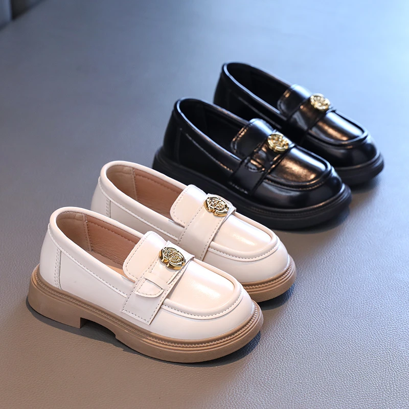 Girls' loafers children's leather shoes 2024 spring new British style princess shoes black camellia shoes