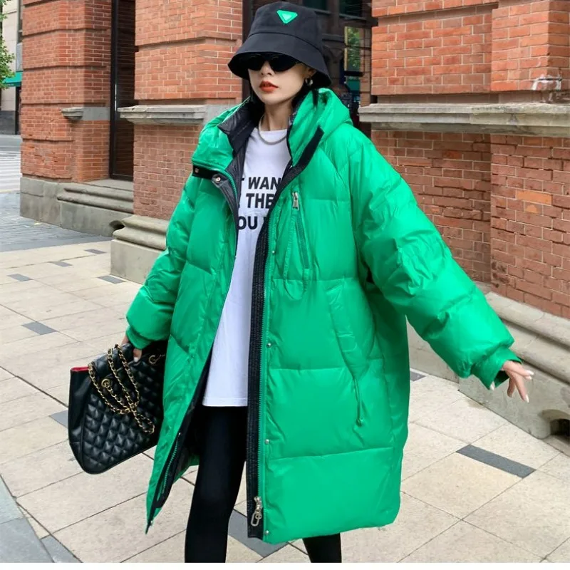 여성용 다운 재킷, 중간 길이 버전, 따뜻한 파카, 루즈한, 큰 사이즈, 슬림 핏, 후드 오버코트, 여성 아웃웨어, 겨울, Ne