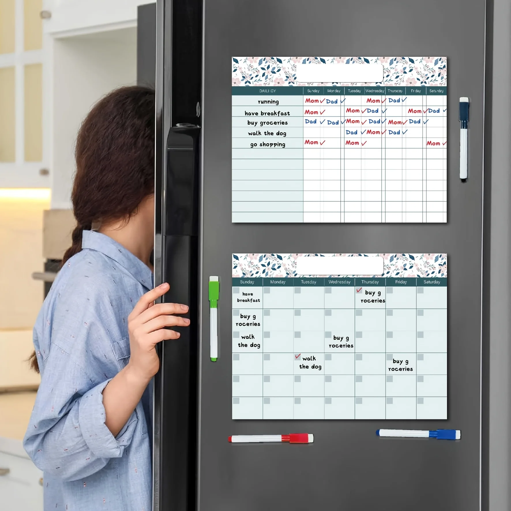 2Pc Magnetic Dry Wipe Refrigerator Calendar Whiteboard Household Chart - Comes with 4 Markers, Note Week Schedule