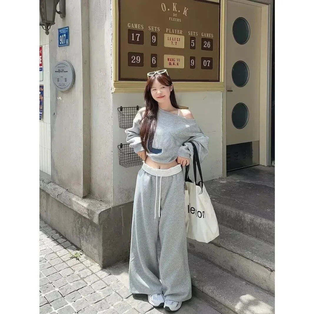 Women's Sporty Cotton-Like Long Sleeve Set Casual Loose Fit Two-Piece Shoulder Bared Autumn Wear Comfortable Casual Outfit