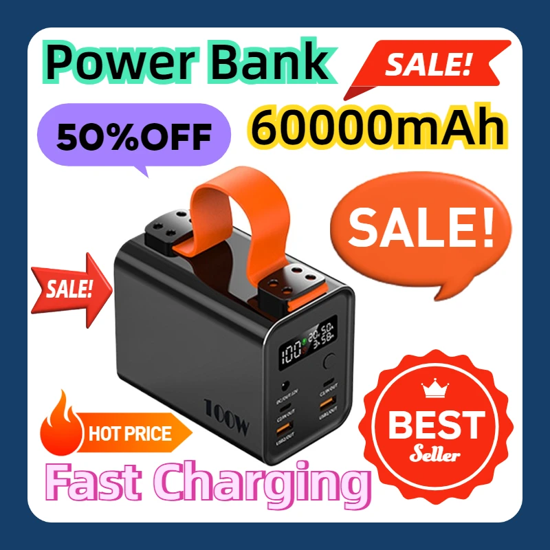 

For Iphone 15 Samsung Laptop 100W Fast Charging Power Bank Portable 60000mAh Large-Capacity Charger USB C PD DC External Battery