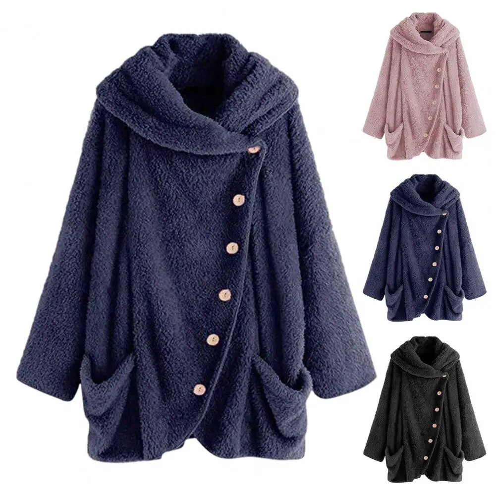 Casaco feminino de inverno cor pura botão inclinado fechamento outerwear solto dupla face lã com capuz jaqueta roupas femininas