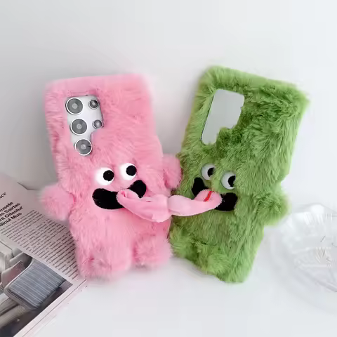 Phone Case for Samsung Galaxy S24 S21 S22 S20 S23 Ultra Plush Funny Cute Couple Plush Magnetic Sticky Tongue Gift Fur Back Cover