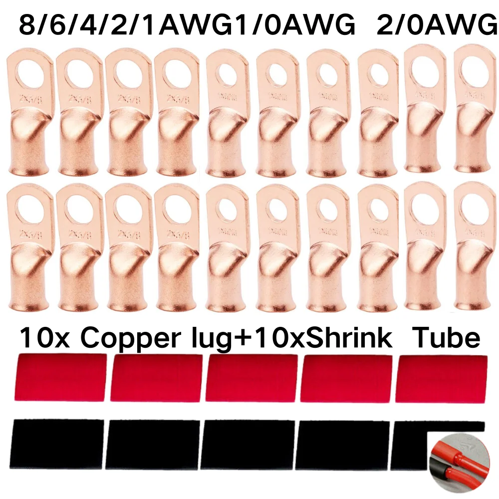 10pcs Copper Terminal Connectors, AWG 2 4 6 8 1/0 2/0 Ring Lug With Shrink Tubing 10Battery Cable Lugs, With 10 Shrink Tubing