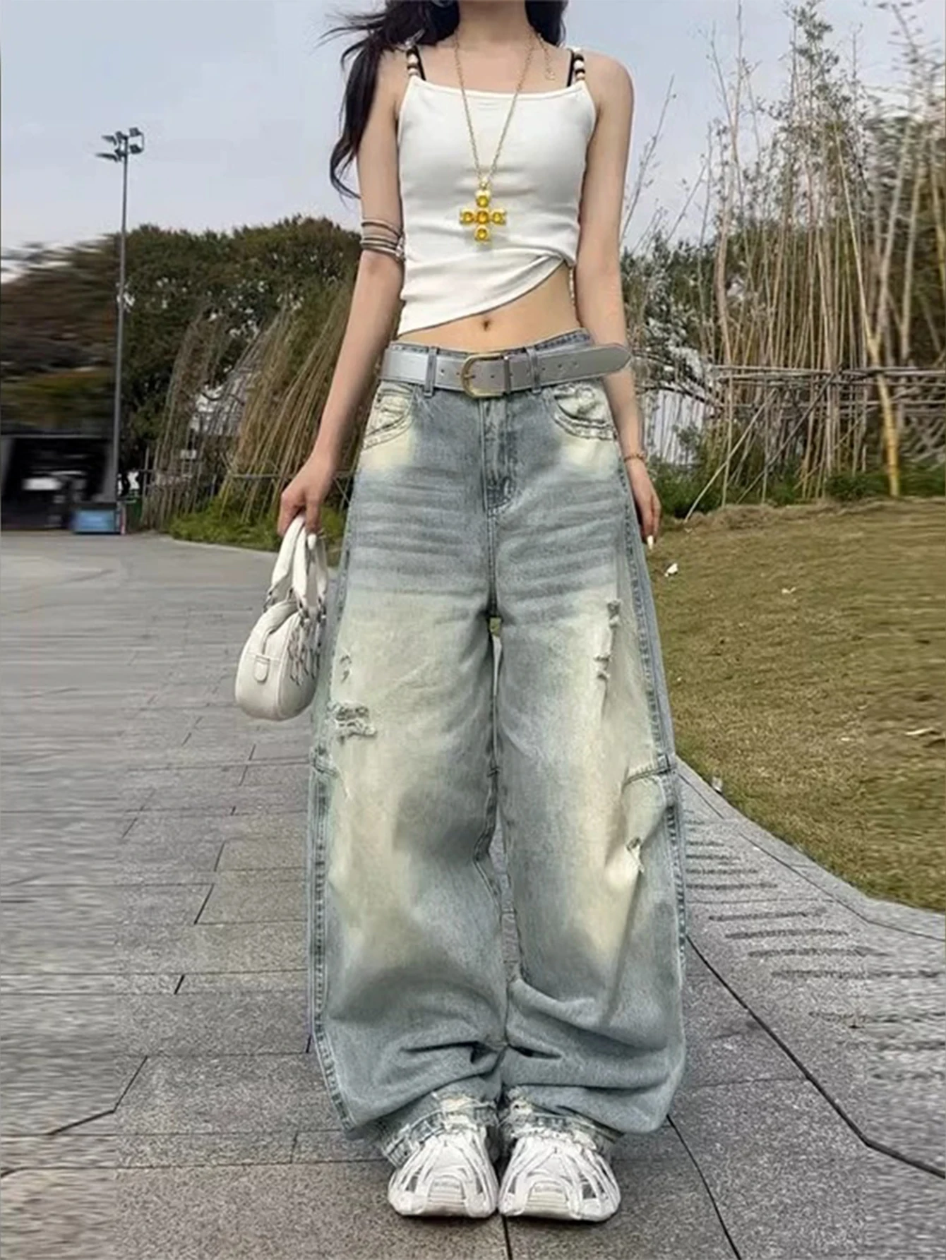 American-Style Vintage Ripped Patchwork Design Light Blue Baggy  Wide-Leg Jeans Y2K Street Trendy Versatile Spicy Pants