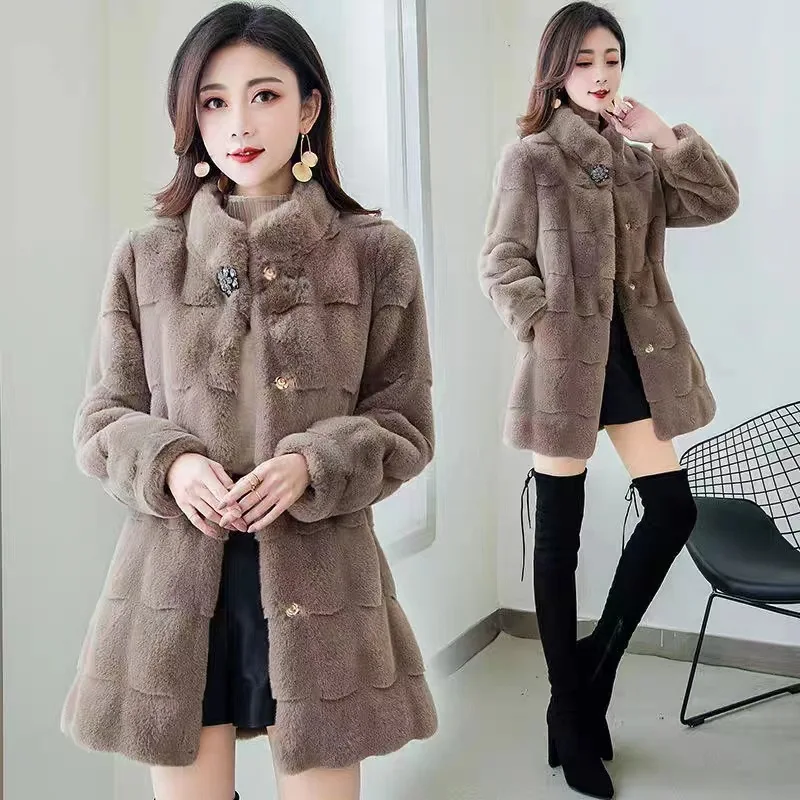 Jaket Bulu Imitasi Wanita 2026, Panjang Sedang, Kerah Tegak, Tebal, Hangat, Gaya Y2k, Jaket Streetwear Elegan, Ramping, Musim Gugur Musim Dingin