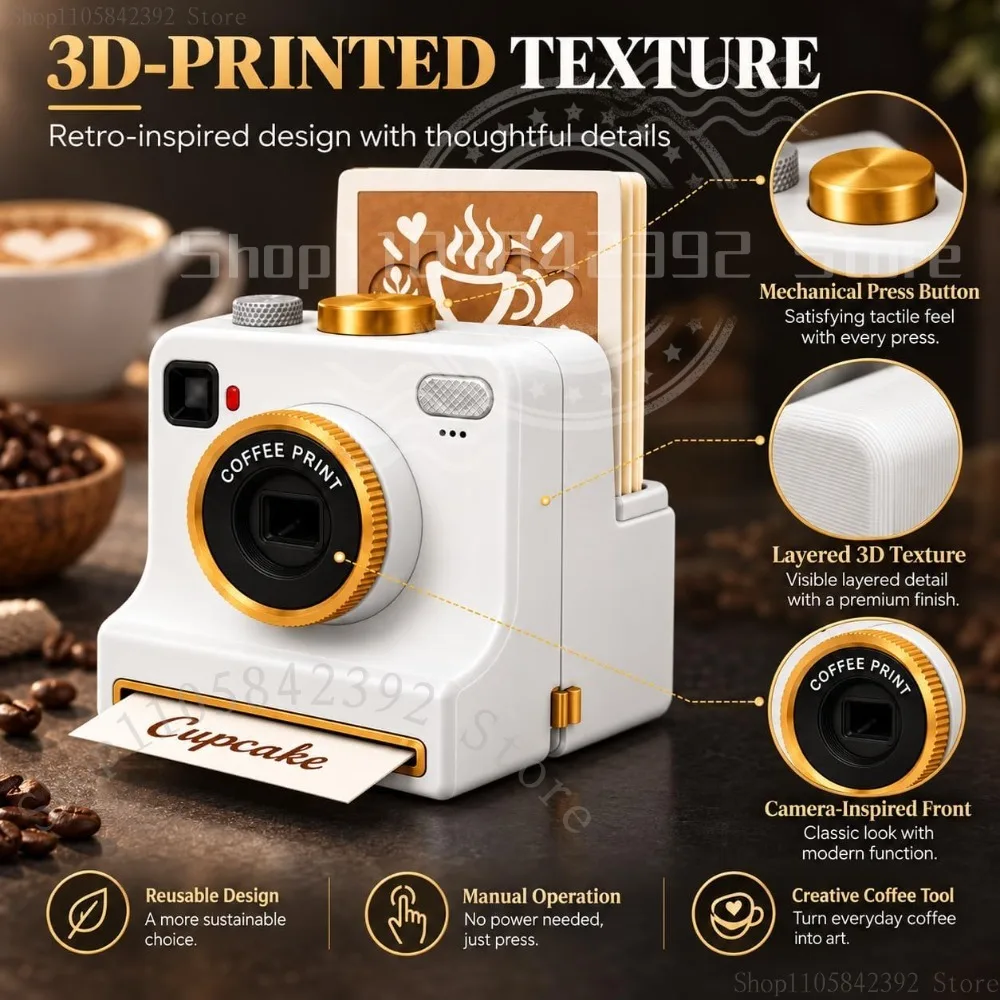 2026 New 3D Printed Latte Art Camera, One-Touch Coffee Stencil Printer Kit with 4 Random Stencil Cards for Cappuccino, Milk Foam