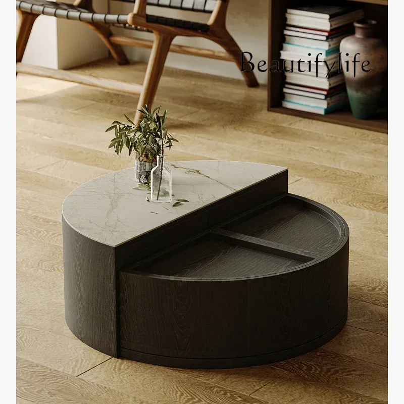 

Rotating Coffee Table Luxury High Artistic Sense Small Apartment Log Stone Plate round Tea Table