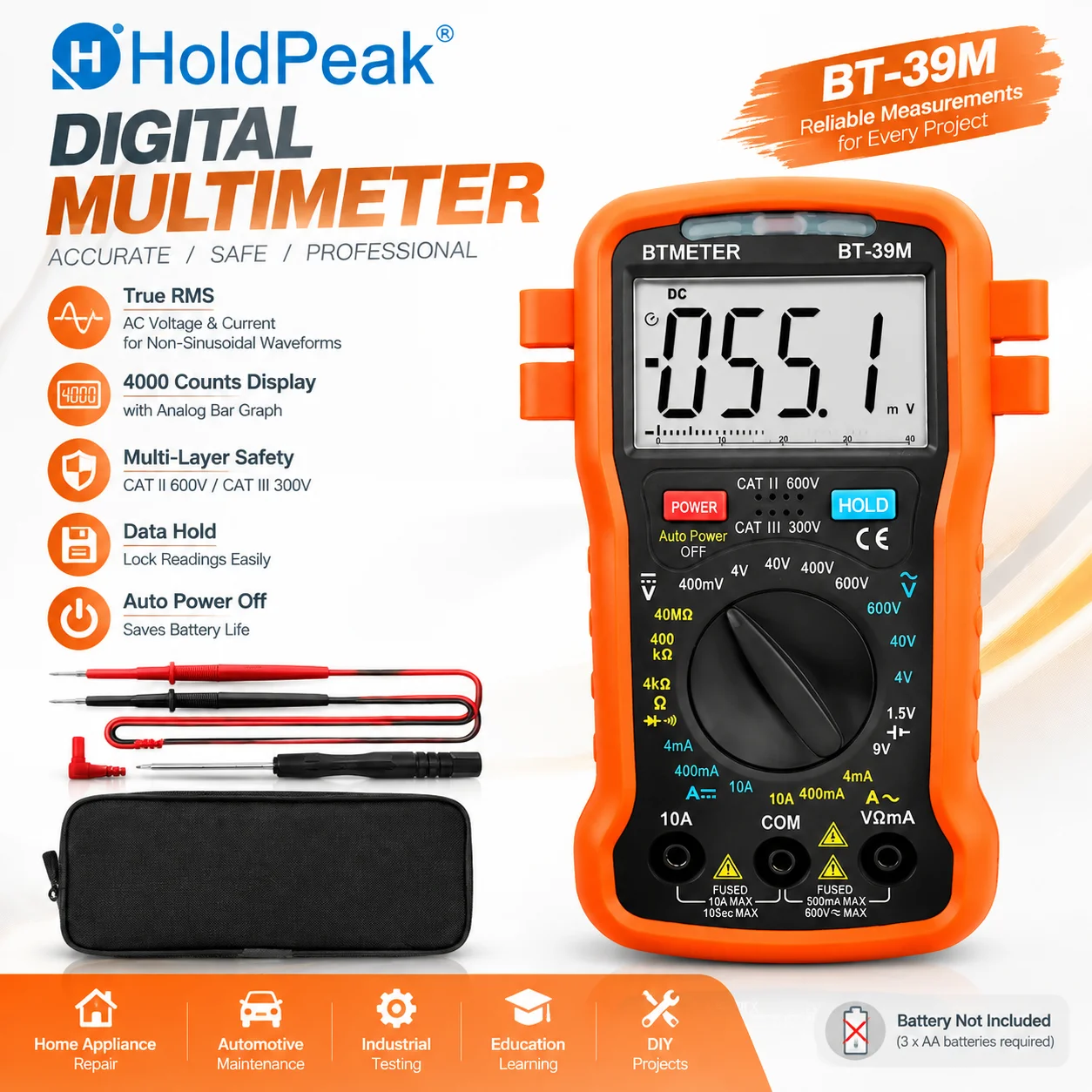 True RMS Digital Multimeter 4000 Counts Auto Range Voltage Tester AC DC Amp Ohm Meter CAT Safety Electrical Tester DIY