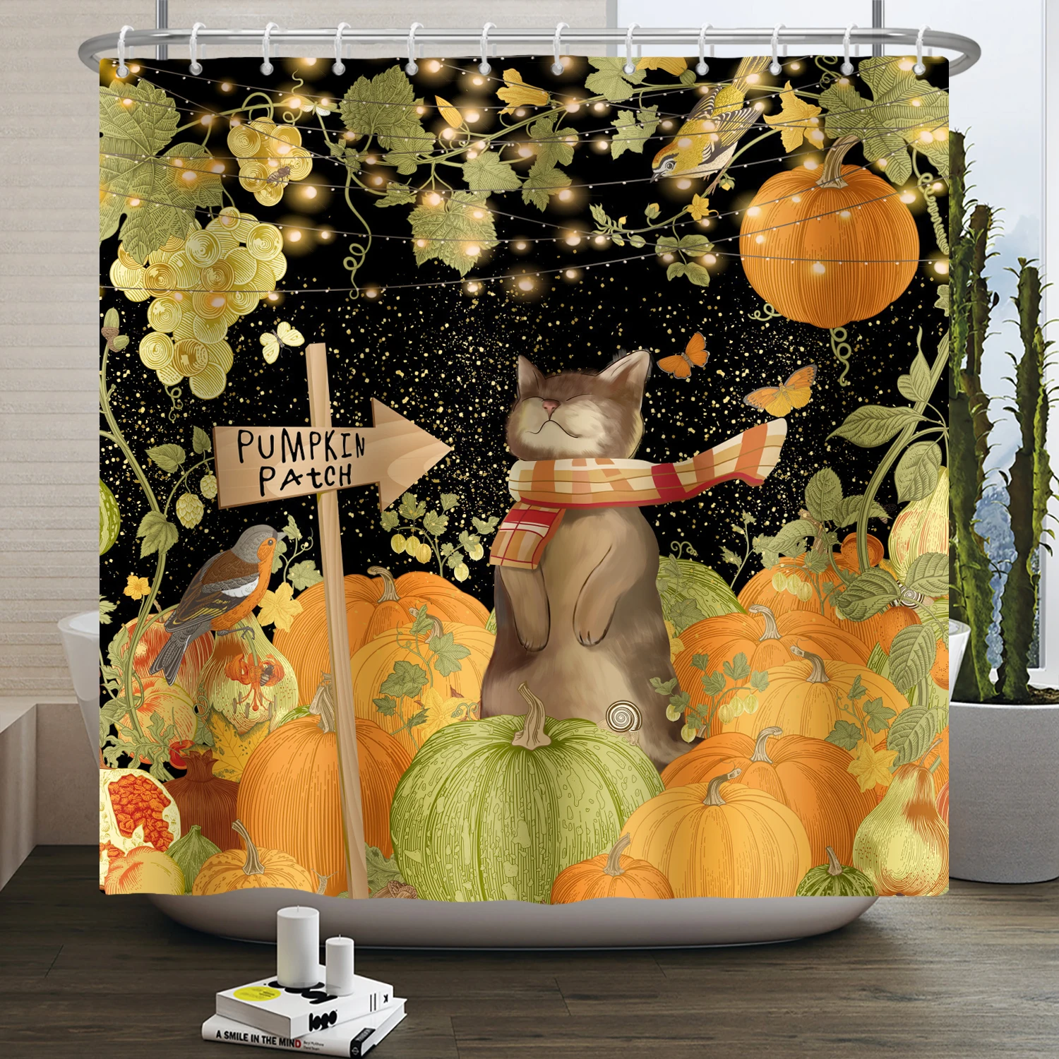 

Autumn Scenery Shower Curtain for Bathroom Pumpkin Cat Butterfly Yellow Bathing Screen Art Home Decor Bathroom Curtain Hotel