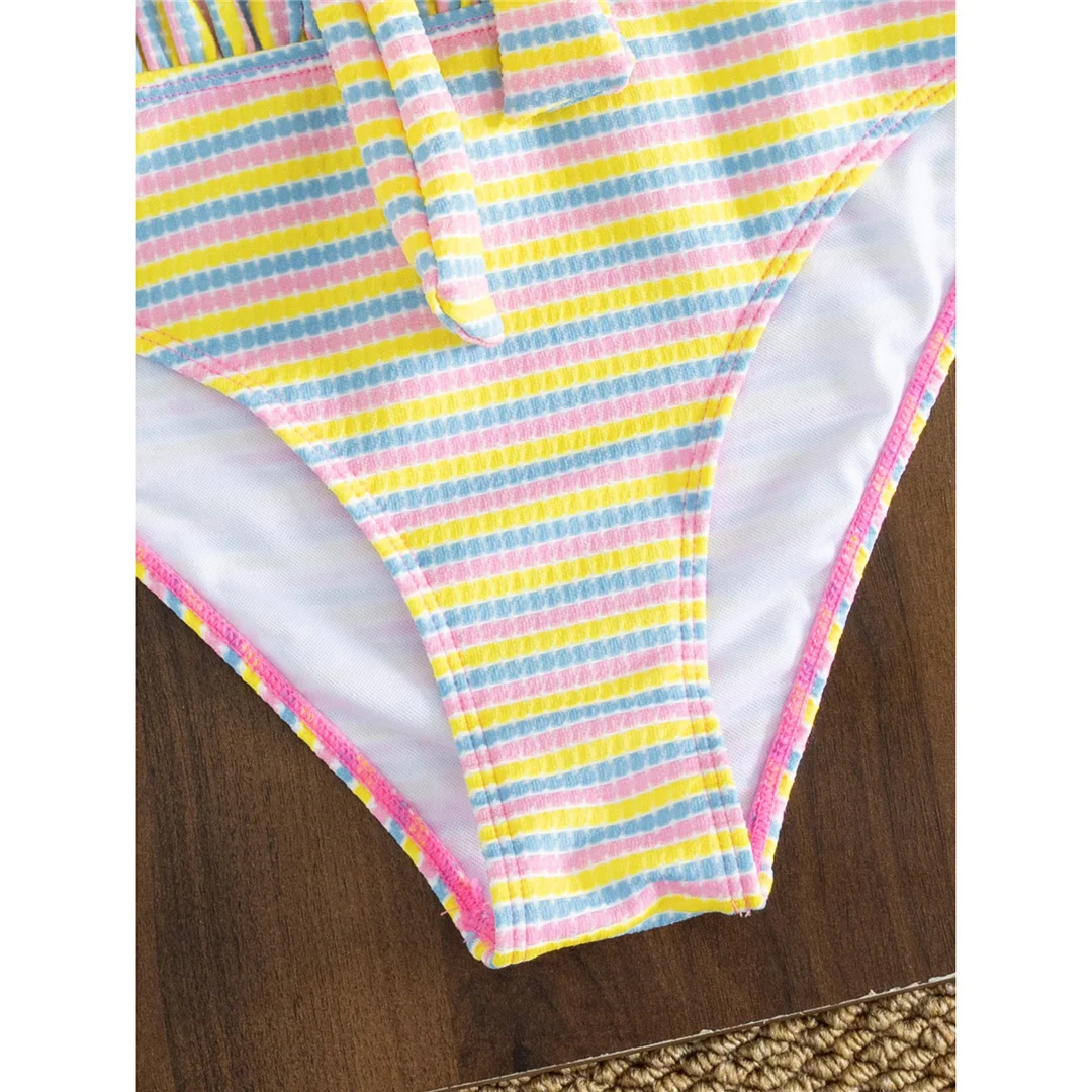 S - XL Gestreifter, plissierter, geraffter, geknoteter Bikini, Damen-Badebekleidung, zweiteiliger Bikini, Badeanzug, Badebekleidung, Schwimmanzug V8509 – Detail 8