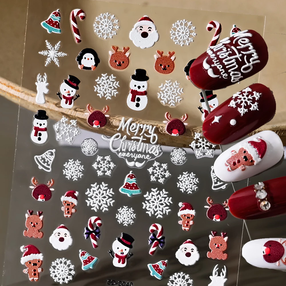 5D *Christmas*Embossed Snowflakes Nail Art Stickers 8*10cm Kawaii Snowman/Santa Claus/Elk Cartoon Decal DIY Adhesive Xmas Slider