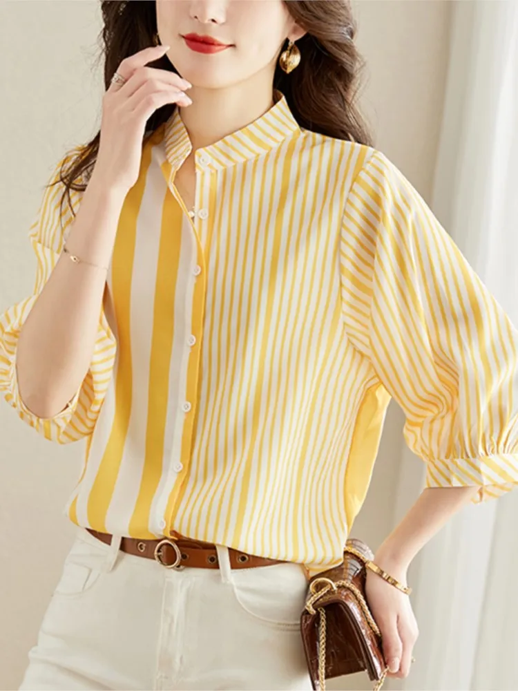 Summer Striped Print Shirts Tops Women Short Sleeve Fashion Casual Loose Pleated Ladies Blouses Korean Style Woman Shirts Tops