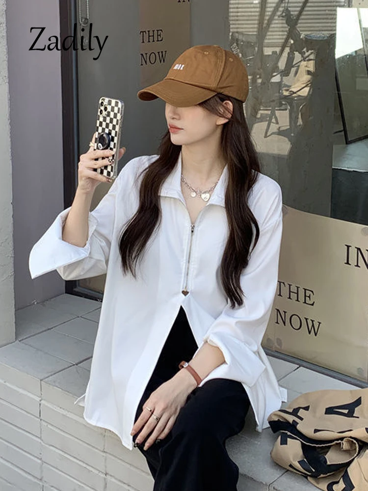 2024 Autumn Streetwear Long Sleeve White Shirt and Blouse Women Minimalist Zipper Oversize Ladies Shirts Female Clothing Y2K Top