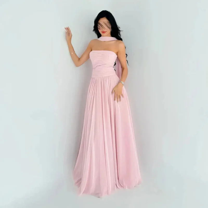 

Indie Saudi A-line Pink Prom Gown Women Sexy Strapless Chiffon Party Evening Dress Floor Length Formal Occasion Gowns Customized