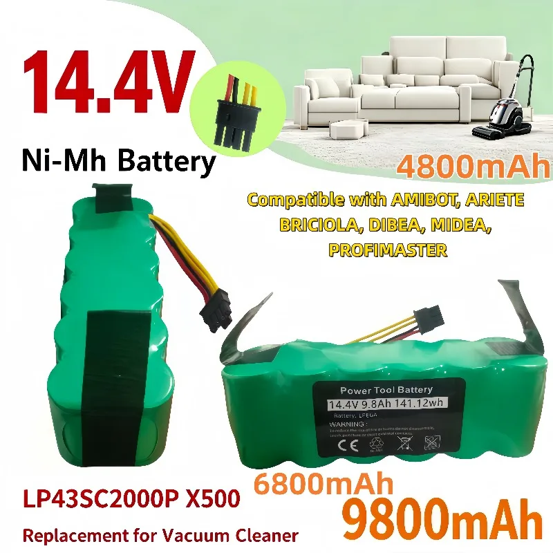 Ni‑Mh Battery 14.4V 4.8Ah 6.8Ah 9.8Ah For AMIBOT ARIETE BRICIOLA DIBEA MIDEA LP43SC2000P Robot Vacuum Cleaner