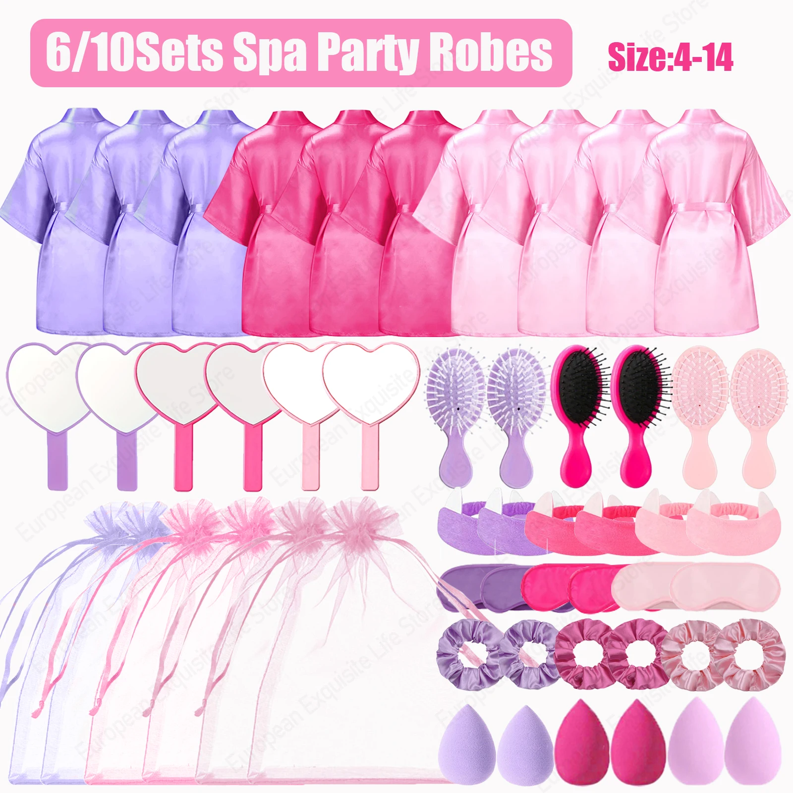 6/10Sets Spa Party Robes for Girls Kids Birthday Party Favors Gift Satin Bathrobe Kimono Robe Sleepover Party Favors Supplies