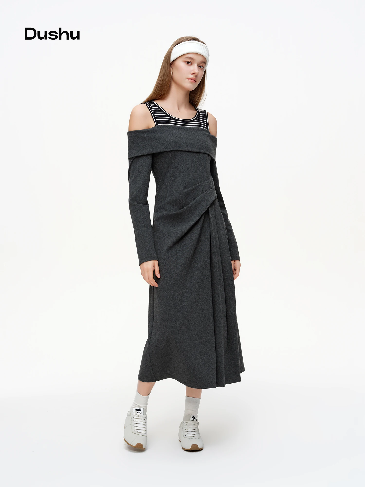 DUSHU Striped Patchwork Off-shoulder Dresses Women 2026 Spring Collection A-line Midi-length Sundress Daily Cozy Elegant BF