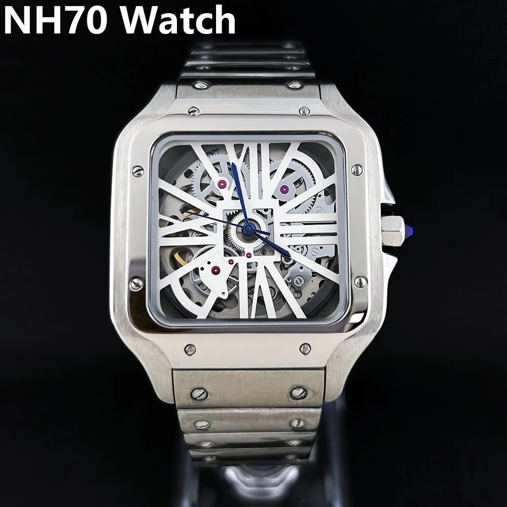 NH70 watch square watch men's watch stainless steel automatic mechanical watch hollow dial NH70 movement sapphire glass