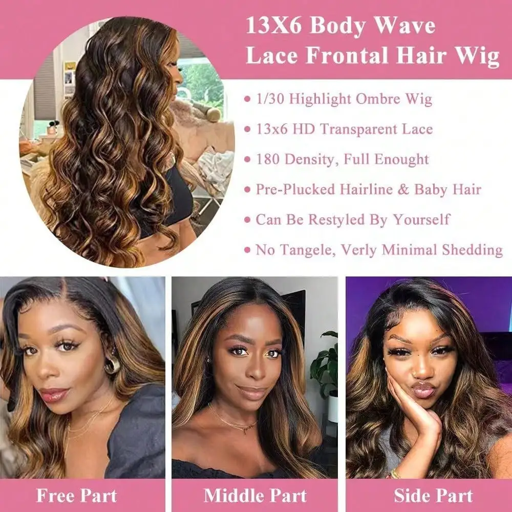 P1B30 Body Wave Highlight Ombre Human Hair Wigs 230 Density 13x6 HD Lace Frontal Wigs Pre Plucked Brazilian 13X4 Lace For Women view 4