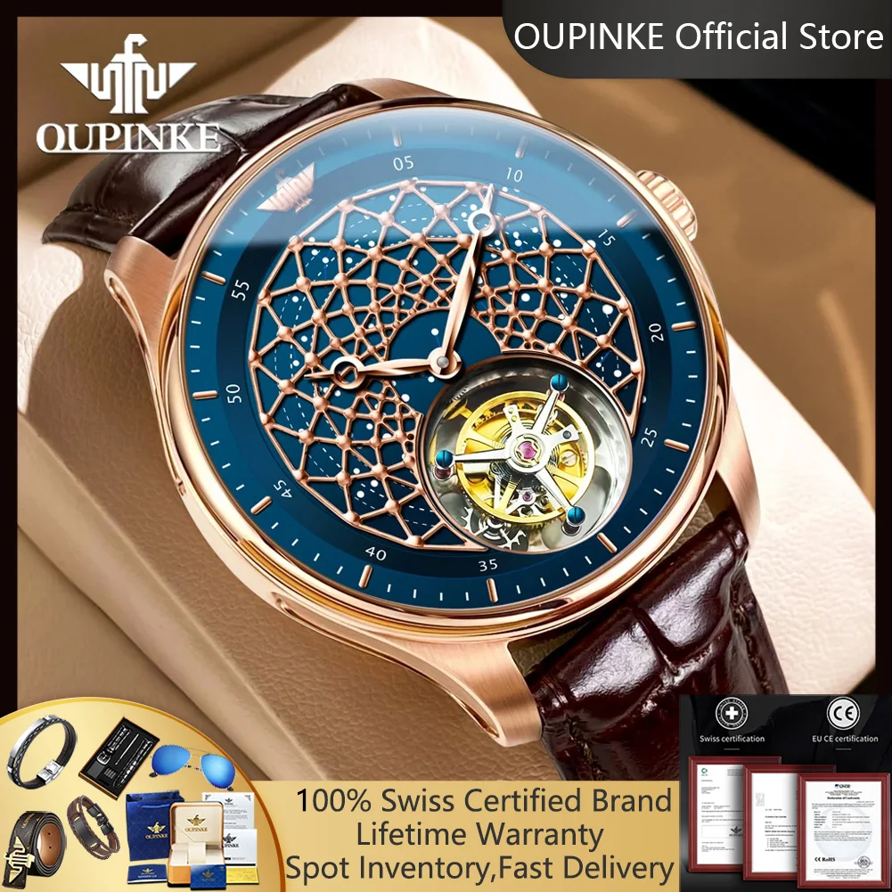 

OUPINKE 8002 Tourbillon Watch for Men High-end Luxury Brand Leather Strap Sapphire Mirror Skeleton Flywheel Mechanical Man Watch
