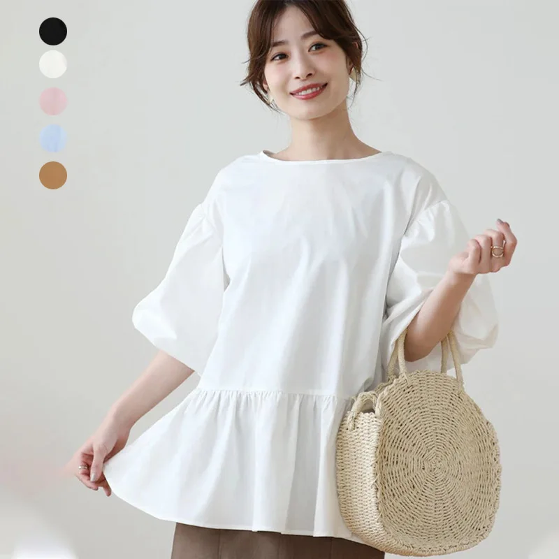 

New Main Promotion Summer Round Neck All-cotton Shirt for Women with Balloon Sleeve Design Sense Niche Shirt