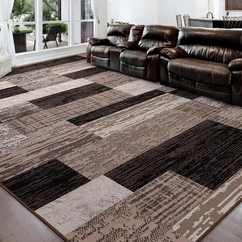 FlyDOIT Modern Geometric Patchwork Area Rug, 5x8 Chocolate Large Rugs for Living Room, Rockwood Collection Indoor Rugs for Bedro