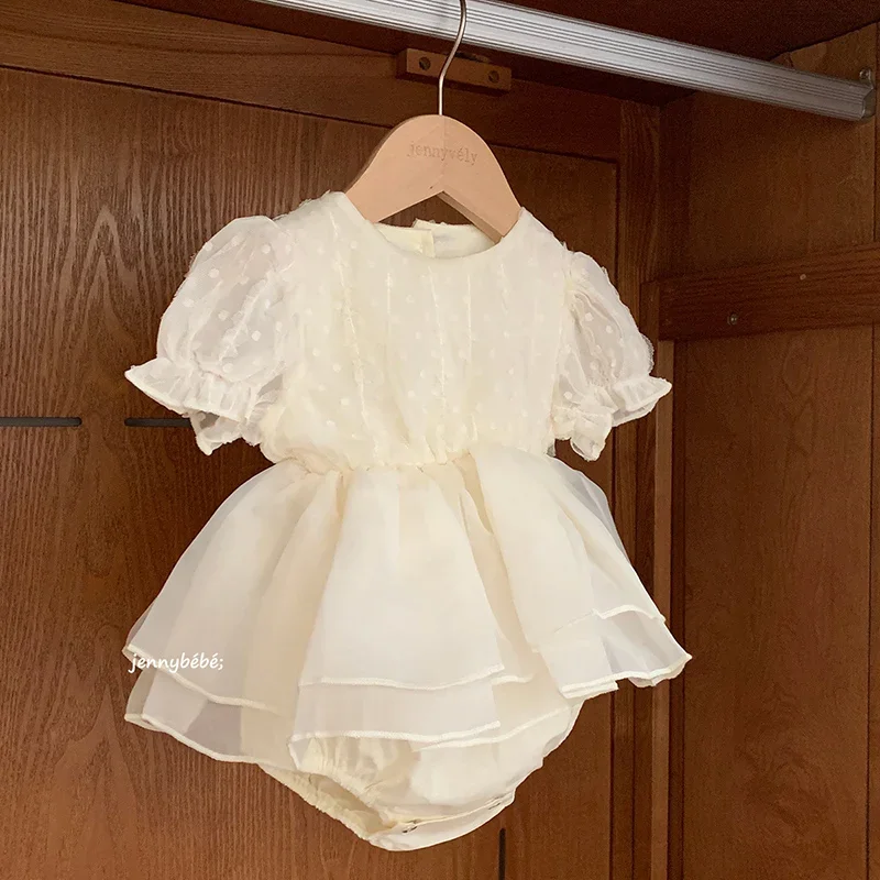 2026 New Summer Newborn Baby Girl Romper Short Sleeved Cotton Mesh Splicing Toddler Baby Girls Jumpsuit 0-24M Baby Girl Clothing 4