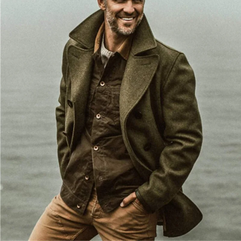 

Men's Woolen Coat Autumn Winter Woolen Material Jacket Thickened Long Double-Breasted Jacket