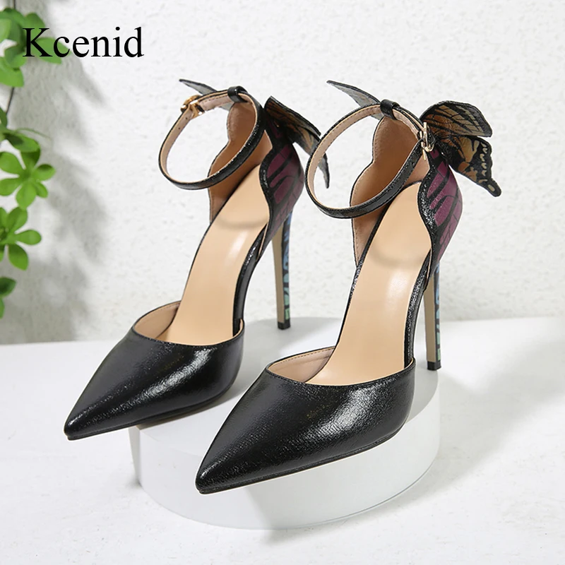 Kcenid Summer Hollow Sexy Pumps Women Shoes Stiletto High Heels Bowknot Designer Black Gold Women Pointed Toe Ankle Strap Pumps