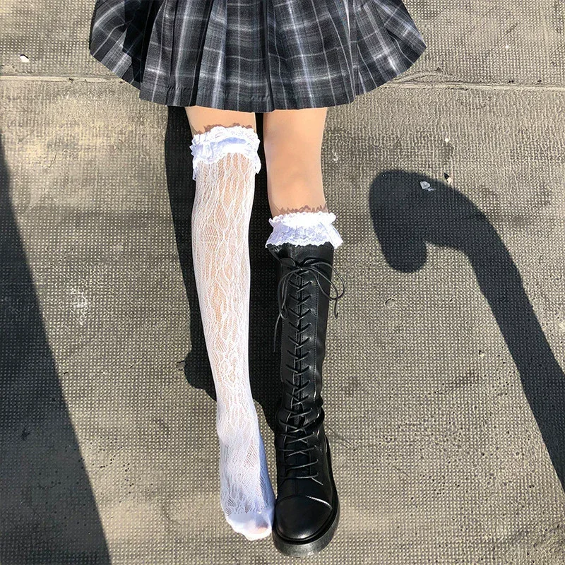 Lolita-Strümpfe, hohle Spitze, oberschenkelhoch, dünne florale weiße Socken, Mädchen-Lolita, süße japanische JK-schwarze Overknee-Strümpfe